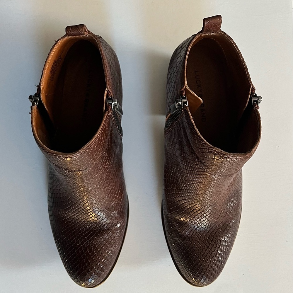 Lucky Brand Basel Roasted Leather Ankle Bootie Boot Faux Snake Brown Sz 8.5M GUC - Picture 4 of 11